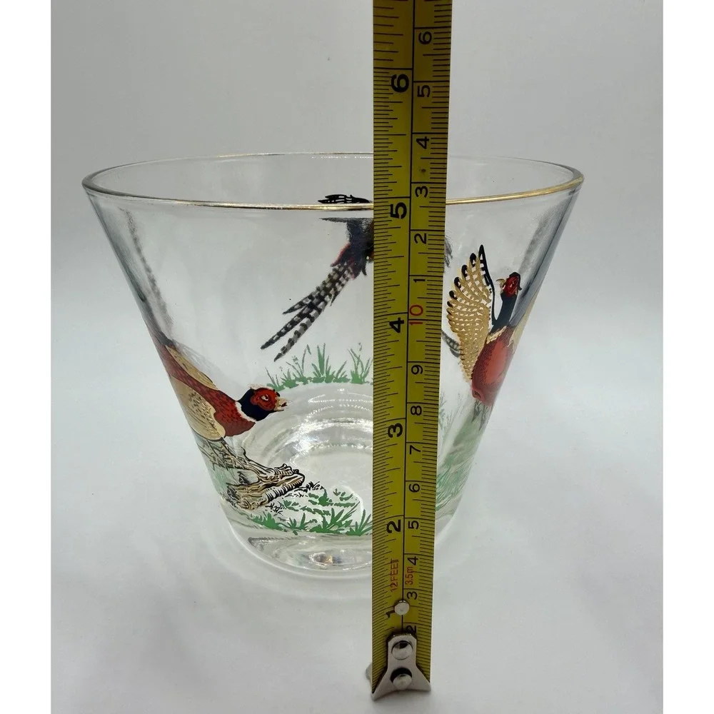 Ice Bucket Bowl Hazel Atlas Pheasant Glass Gold Trim Red Black Vintage MCM